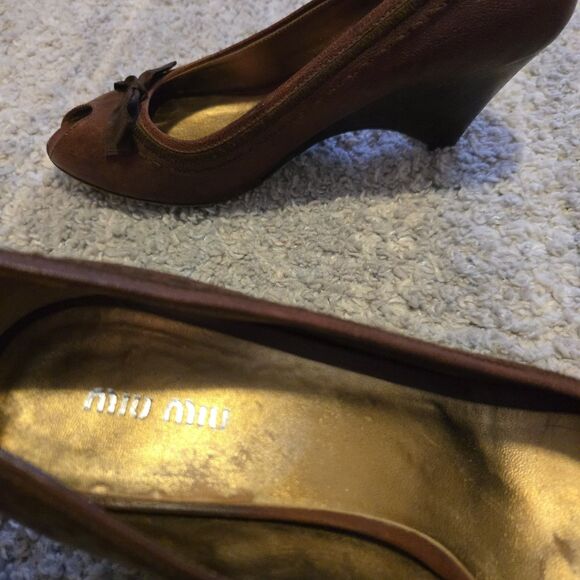 Miu Miu Womens Suede Leather Slide On Open Toe Wedge Pumps Brown Size 10 - Picture 7 of 13